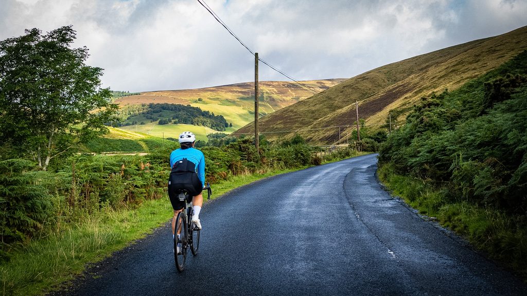 Fietser op een smal weggetje tussen groene heuvels met varens in de Scottish Borders
