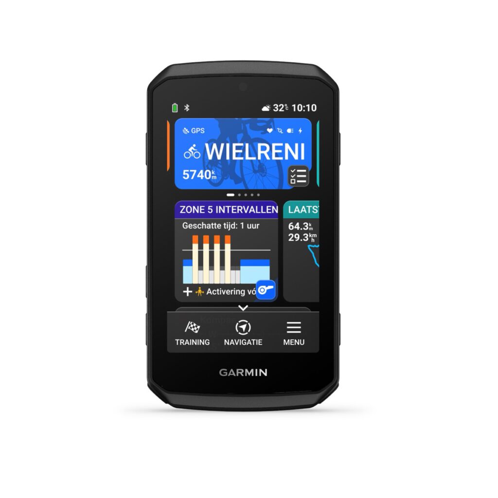 Front view of the Garmin Edge 1060 bike computer, with the Training, Navigation and Menu buttons on the start screen