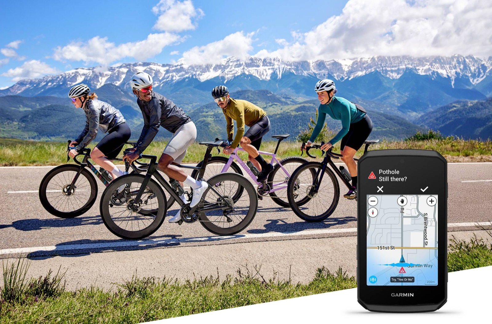 Four cyclists are riding on a mountain road with snow-covered peaks, with a Garmin Edge 1060 next to them showing a notification about a pothole in the road